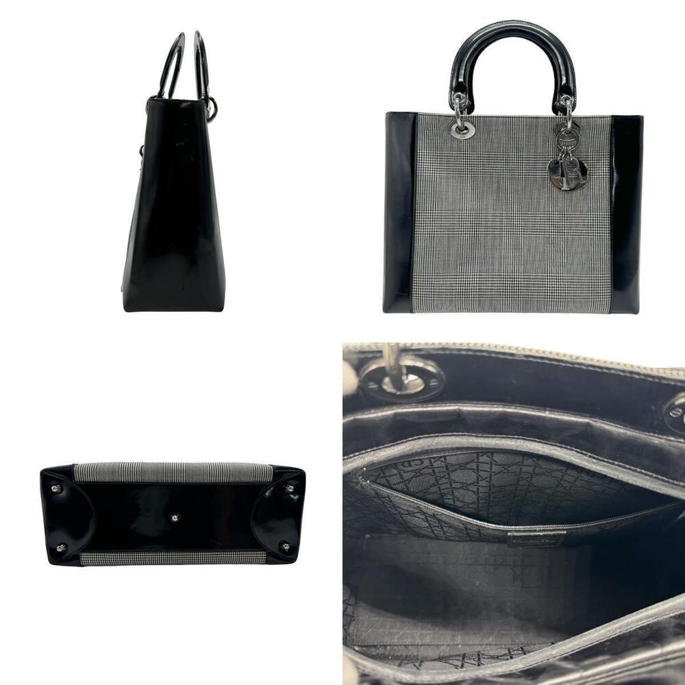 Dior canvas Lady handbag gray silver Christian leather black Silver Black